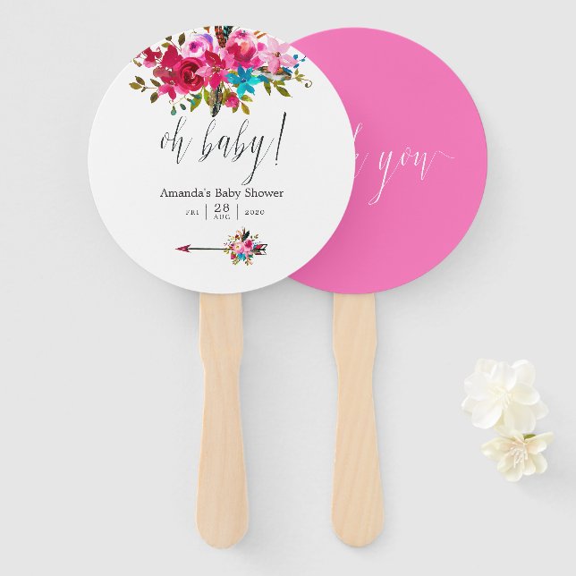 Leque Chá de Bebê Floral Boho Chic Aquarela Rosa (Frente e Verso)