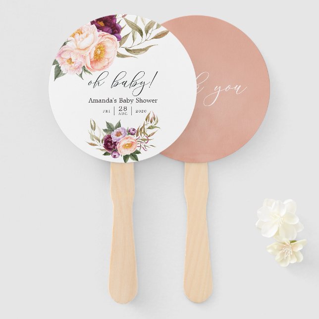 Leque Chá de Bebê Floral em Bege e Borgonha (Frente e Verso)