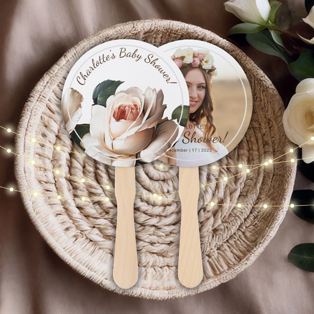 Leque Chá de fraldas Gentle Beige Rosa Girl (Gentle Beige Rose Girl Baby Shower Hand Fan)