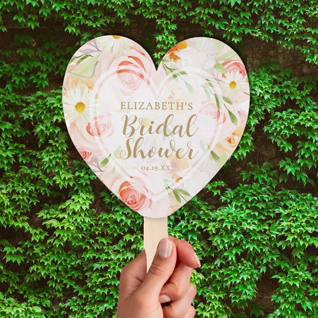 Leque Chá de panela de Flores do Jardim Chic (Chic garden flowers bridal shower heart shaped hand fan, Assembled or non-assembled DIY)