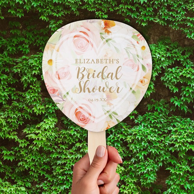 Leque Chá de panela de Flores do Jardim Chic (Chic garden flowers bridal shower paddle shape hand fan, Assembled or non-assembled DIY)