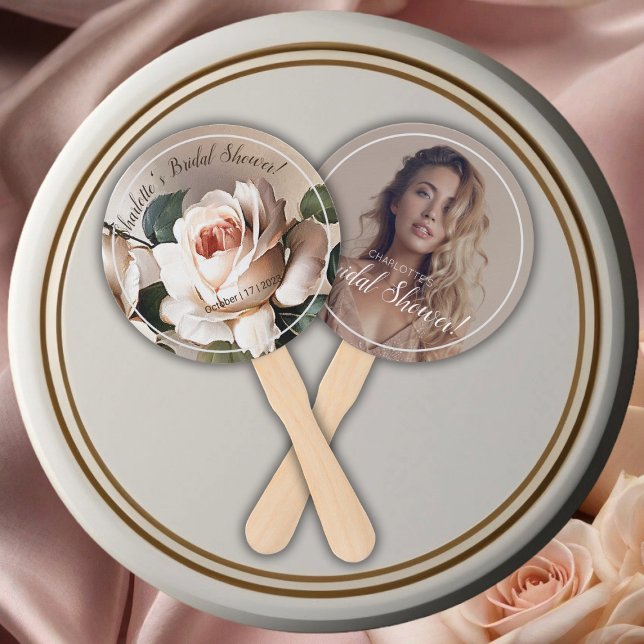 Leque Chá de panela de Rosa de óleo de bege Blush (Blush Beige Oil Rose Bridal Shower Hand Fan!)