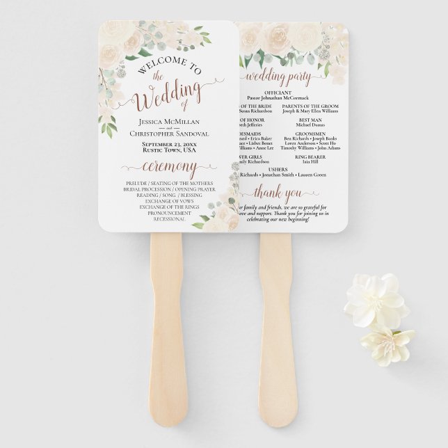 Leque Champagne Peach Watercolor Floral Weding Program (Frente e Verso)