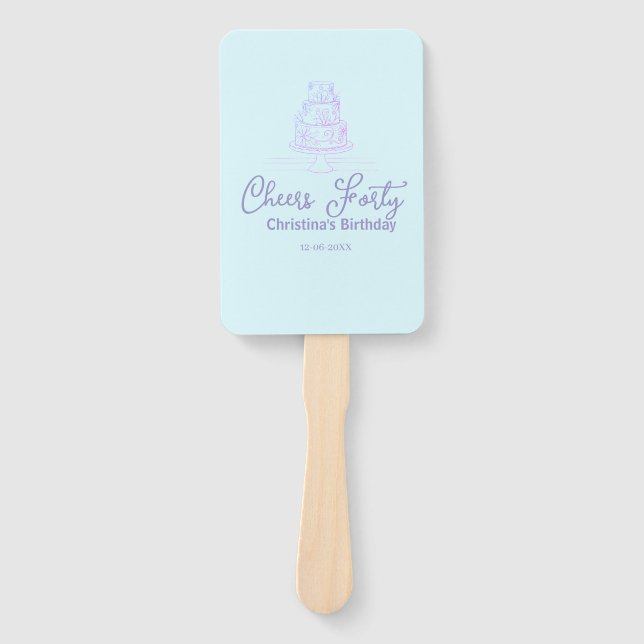 Leque Cheers forty happy birthday cake blue purple name  (Frente)