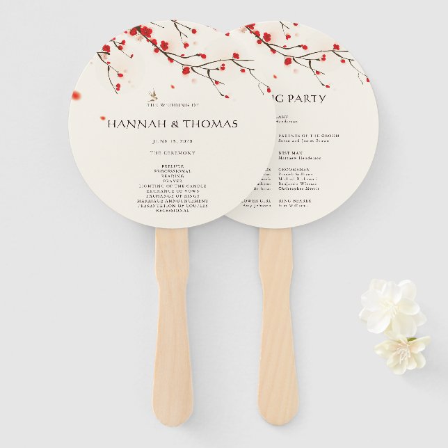 Leque Cherry Blossoms Floral Weding Program Fan (Frente e Verso)