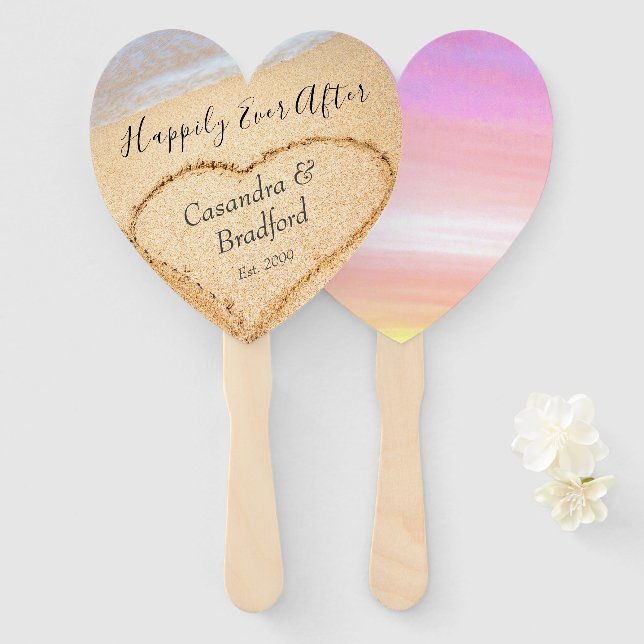 Leque Chic Blush Pink Beach Casamento Heart Sand Favor (Frente e Verso)
