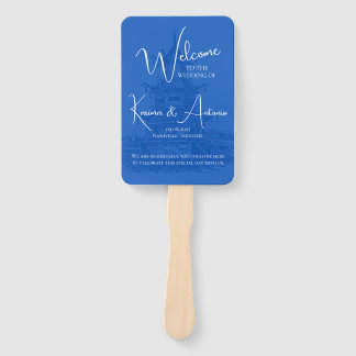 Leque Chic Chinoiserie Pagoda Blue Wedds Program Fan