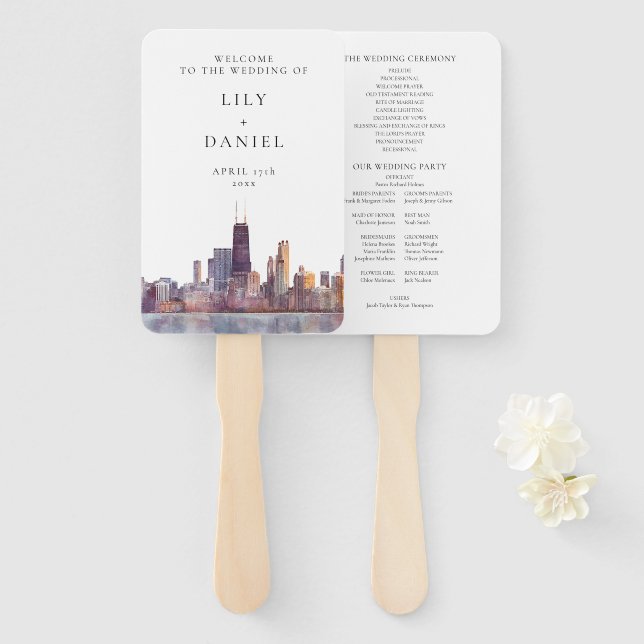 Leque Chicago Skyline Watercolor Wedding Program (Frente e Verso)