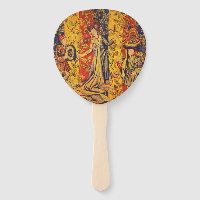 Leque Chinoiserie amarela azul-vermelha medieval italian (Frente)