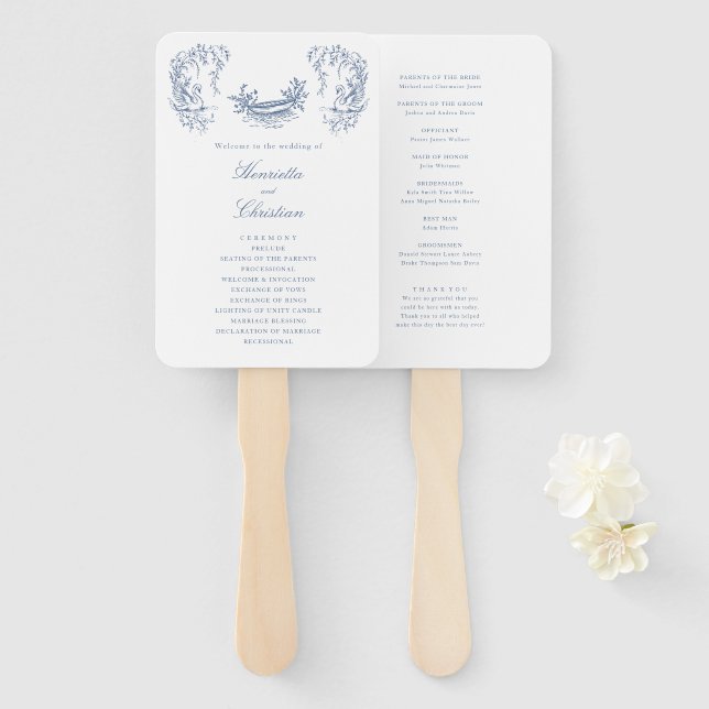 Leque Chinoiserie Swans Blue White Wedding Program Fans (Frente e Verso)