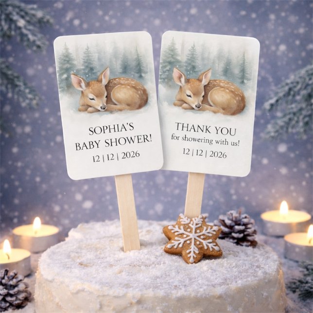 Leque Chuva de Bebê Deer Adormecido na Floresta de Inver (Woodland Sleeping Baby Deer Winter Baby Shower Hand Fan)