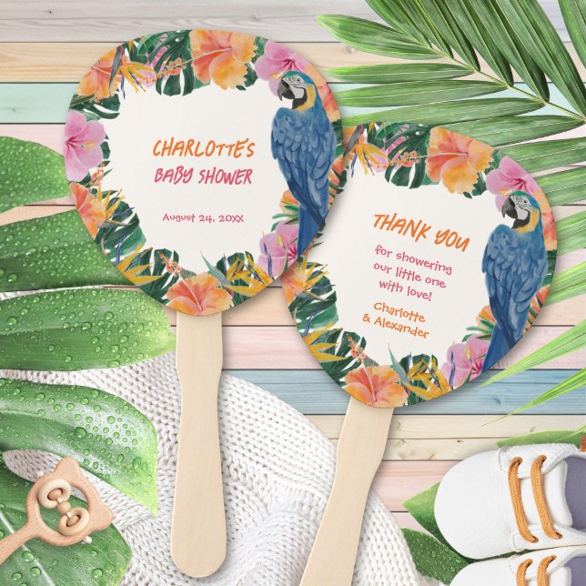 Leque Chuva de Bebê Exótico Tropical de Papagaio (Exotic Tropical Parrot Jungle Baby Shower Hand Fan ©Susanne Sachers - Sunny Mind 🌞)