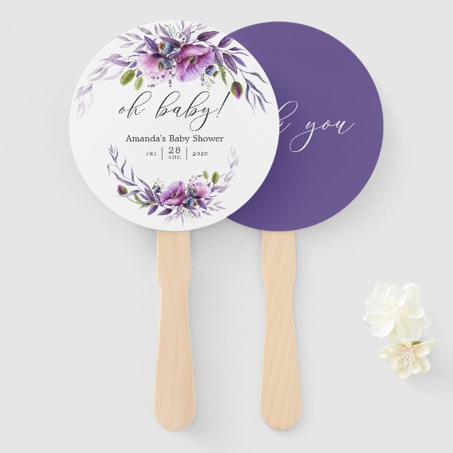 Leque Chuva de Bebê Flor de Papoula Violeta em Aquarela (Frente e Verso)