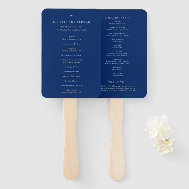 Leque Classic Navy and Cream Elegant Wedding Program (Frente e Verso)