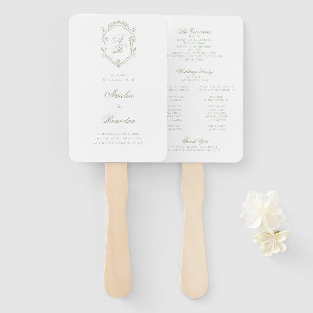 Leque Classic Sage Green Monogram Crest Wedding Program (Frente e Verso)