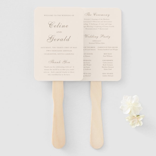 Leque Classic Sandy Neutral Elegant Wedding Program (Frente e Verso)