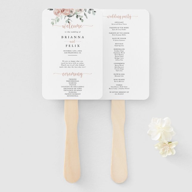 Leque Clássico Rosa Po dusty Floral Casamento  (Frente e Verso)