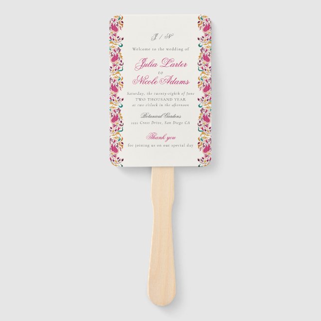 Leque Clássico Rosa Verde Amarelo Floral Cisne Pássaro C (Frente)