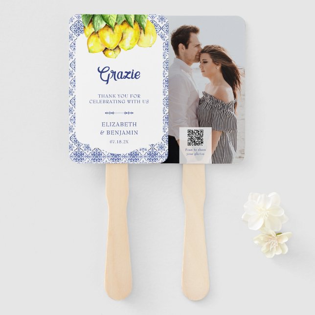Leque Código QR de Foto de Casamento Mediterrâneo com Li (Frente e Verso)