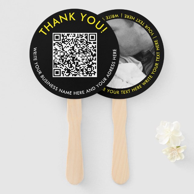 Leque Código QR de Foto de Site Amarelo Preto Moderno (Frente e Verso)