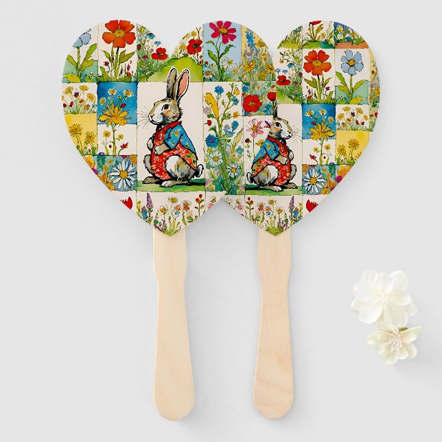 Leque Coelho de Páscoa Floral Patchwork (Frente e Verso)