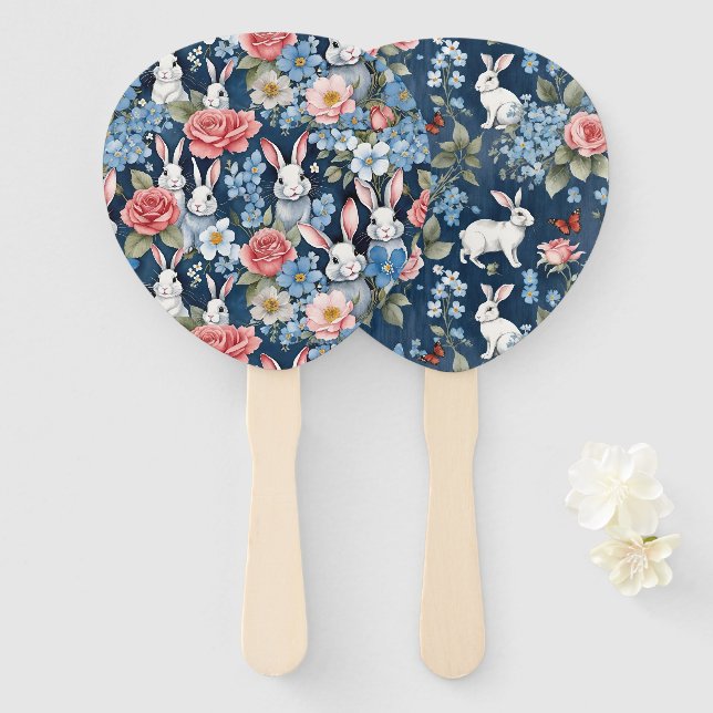 Leque Coelhos da Páscoa e Florais Azul Naval (Frente e Verso)