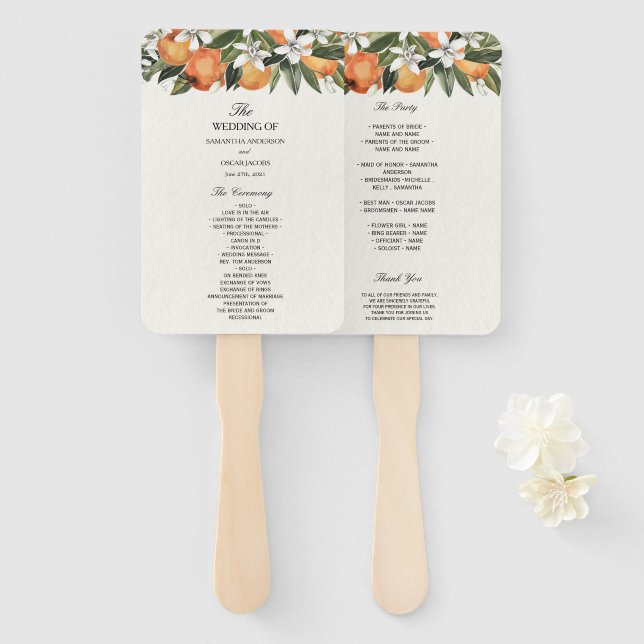 Leque Cor de Água Laranja Moderna e Flores (Frente e Verso)