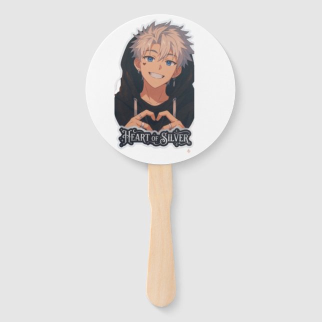 Leque Coração de Menino Anime Estético Prata Mãos  (Frente)
