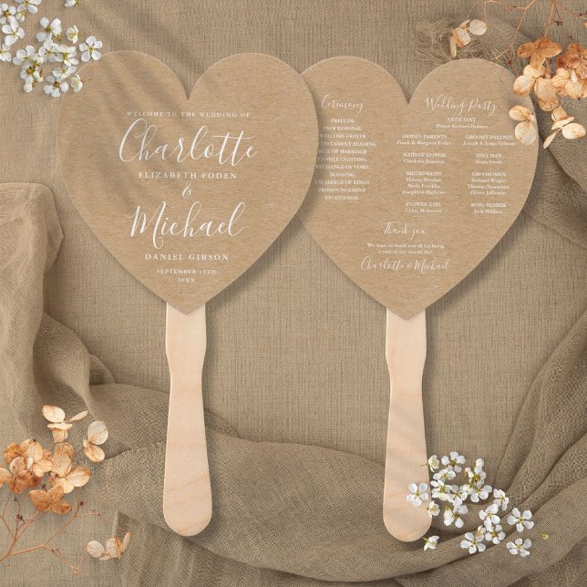 Leque Coração do Programa de Casamento Rustic Kraft Scri (Rustic Kraft Script Wedding Program Heart Hand Fan)