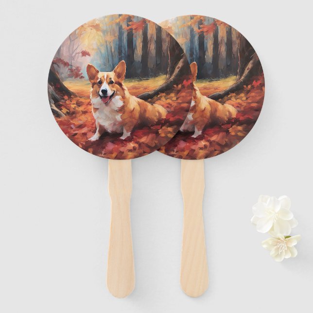 Leque Corgi no Outono Folhas Caídas Inspiram (Frente e Verso)