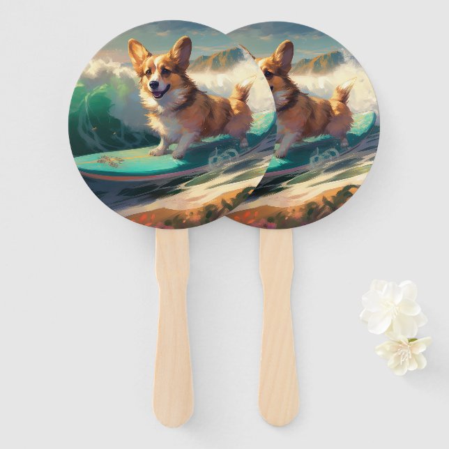 Leque Corgi  Pintura de Surf na Praia (Frente e Verso)