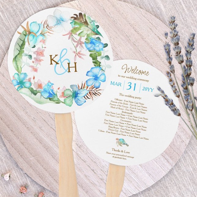 Leque Coroa de Casamento de Hibisco Azul Tropical (tropical blue hibiscus wedding hand fans with sea turtle, hawaiian hibiscus flower wreath)