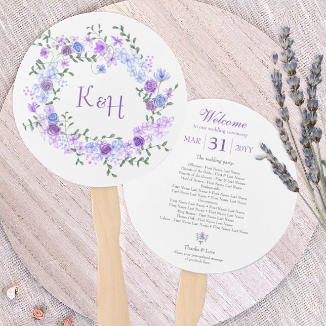 Leque Coroa de Noiva com Rosas Roxas e Azuis Claras (lavender dusty blue wedding paper hand fans, light purple lavender, light blue wedding favors)