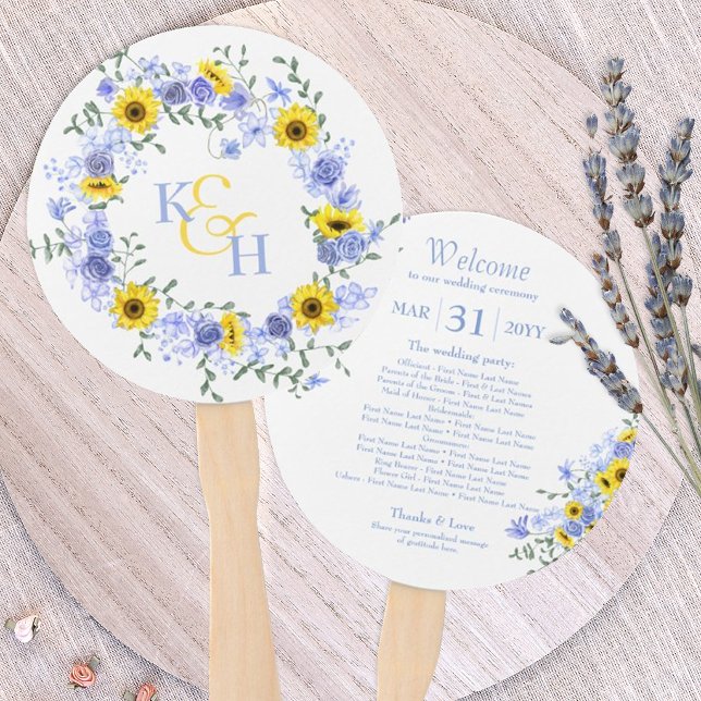 Leque Coroa de Noiva Girassóis Rosas Azuis Desbotados (sunflower dusty blue wedding hand fans, sunflowers light blue roses paper fans favors)