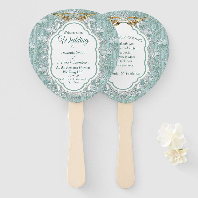 Leque Cortinas de seda verde-salva e flores flamingos (Frente e Verso)