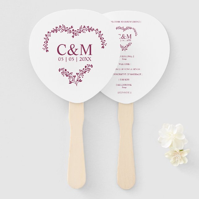 Leque Cramberry Branches Heart with Initials (Frente e Verso)