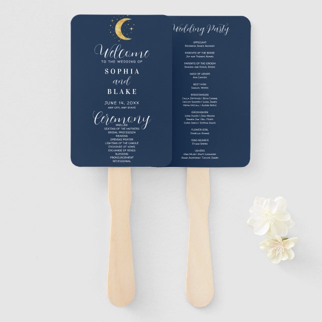 Leque Crescent Moon Starry Night Weding Program (Frente e Verso)