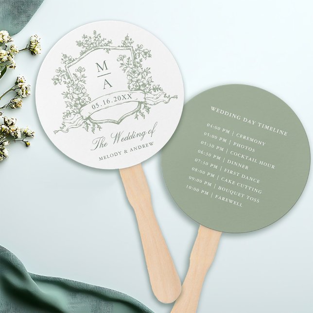 Leque Cronologia de Casamento em Verde Sage Clássico com (Front & Back)