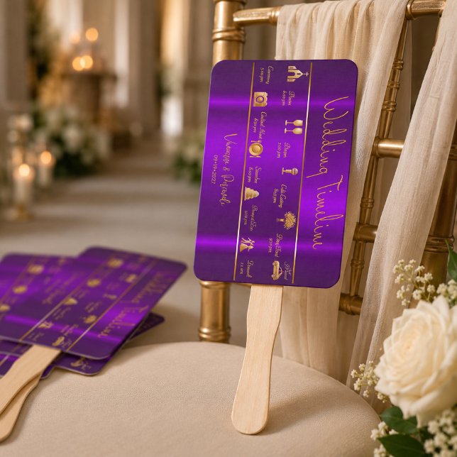 Leque Cronologia de Casamento Violeta Luminosa Moderna e (Modern Sleek Purple Wedding Timeline Program Fans )