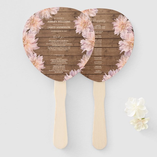 Leque Dahlia Pink Floral Rustic Wood Wedment Program (Frente e Verso)
