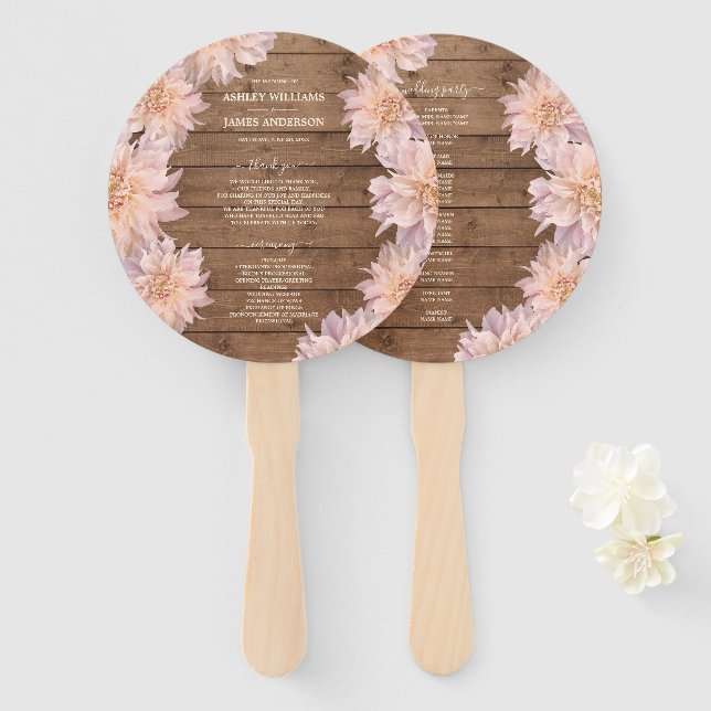 Leque Dahlia Pink Floral Rustic Wood Wedment Program (Frente e Verso)