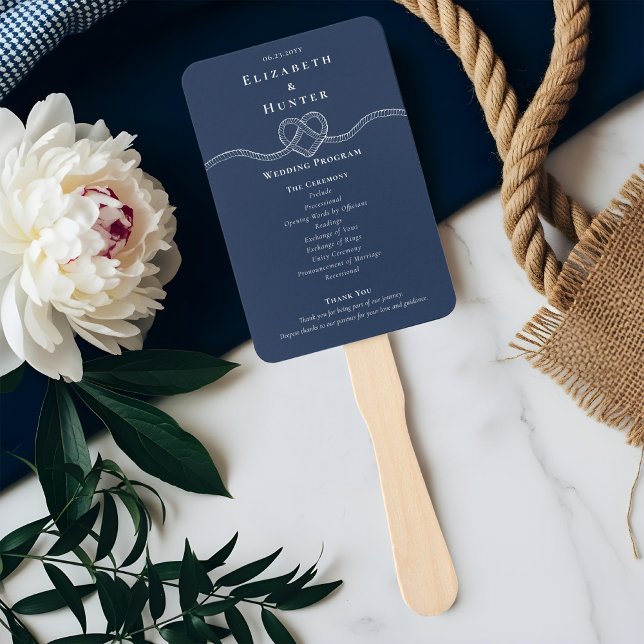 Leque Dando o Nó Corda Coração Azul-Marinho Programa de  (Tying The Knot Rope Heart Navy Wedding Program Hand Fan)
