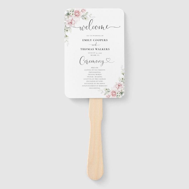 Leque de Mão de Programa de Casamento com Rosas Ro (Frente)