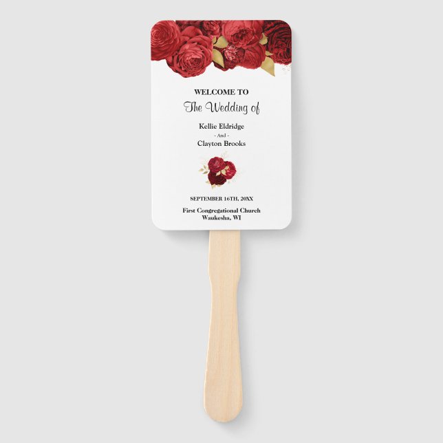 Leque de Mão de Programa de Casamento Floral Verme (Frente)