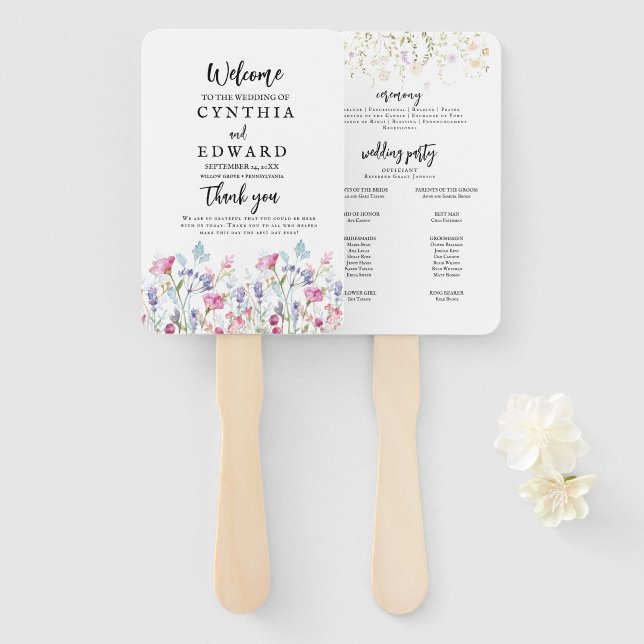 Leque de Mão para Casamento com Flores Silvestres  (Frente e Verso)