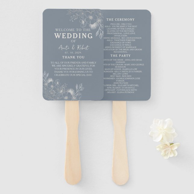 Leque de Mão para Programa de Casamento Azul Empoe (Frente e Verso)