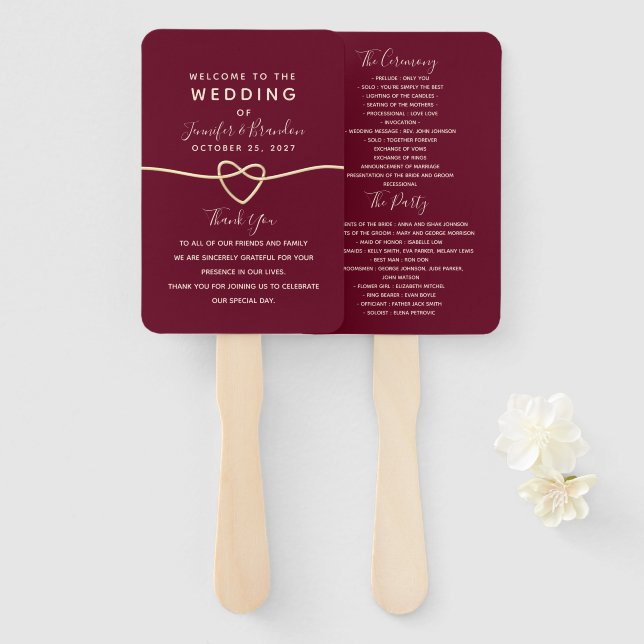 Leque de mão para programa de casamento Burgundy r (Frente e Verso)