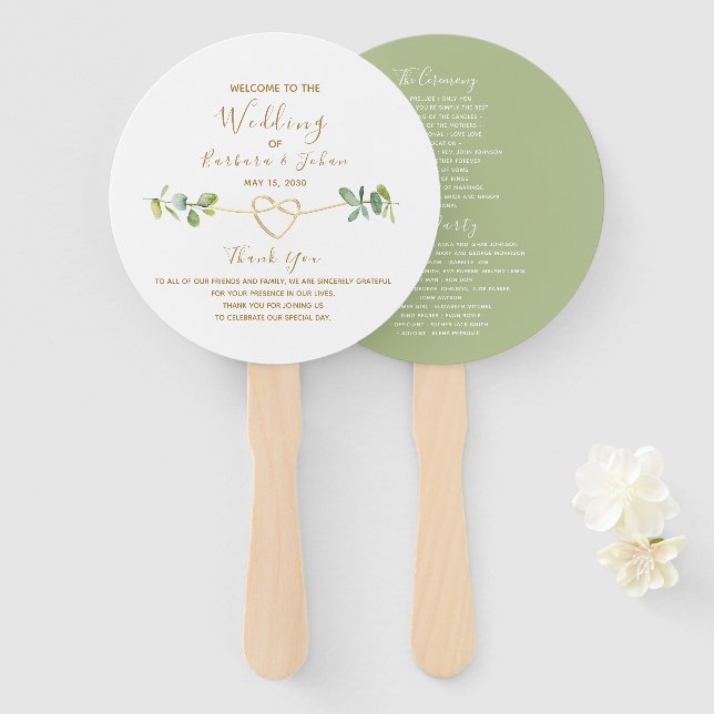 Leque de Mão para Programa de Casamento com Folhas (Frente e Verso)