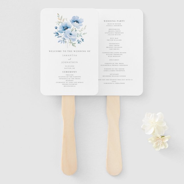 Leque de mão para programa de casamento floral azu (Frente e Verso)