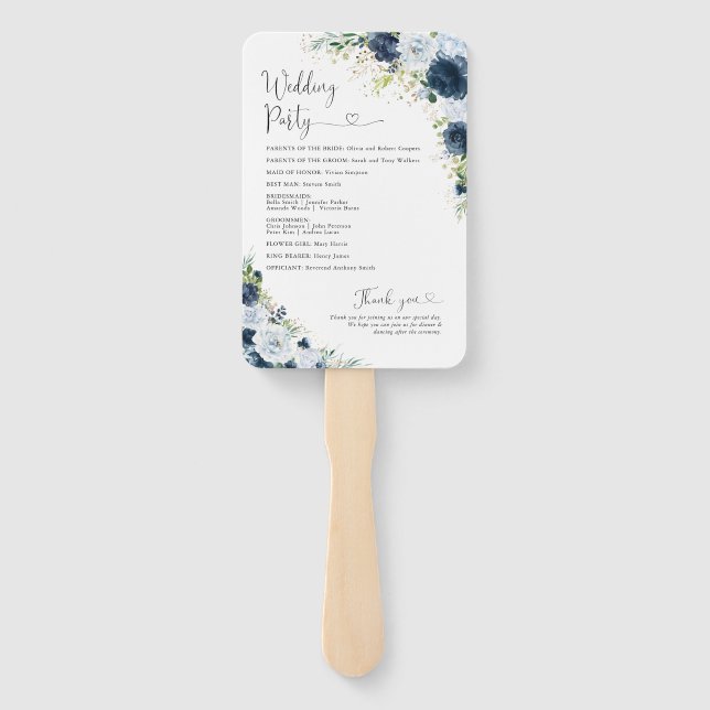 Leque de mão para programa de casamento floral azu (Verso)